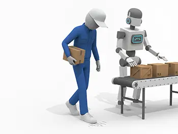 ベルトコンベアを挟んで、人間の作業員と協働ロボットが一緒に荷物を仕分けしているフリーイラスト