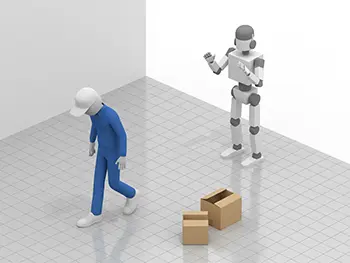 ロボットに仕事を奪われて、うなだれて歩き去る作業員のフリーイラスト