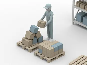倉庫でパレットの上に段ボール箱を積み上げて仕分けをしている作業員のフリーイラスト