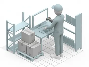 倉庫のパソコンでバーコードリーダーを使いながら在庫データを入力する作業員のフリーイラスト