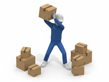 仕事のストレスで段ボール箱を地面に叩きつけようと怒っている作業員のフリーイラスト