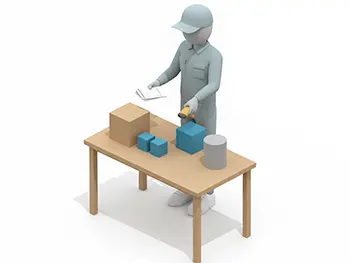 作業台の上で出荷伝票と商品のバーコードを照合して検品している作業員のフリーイラスト