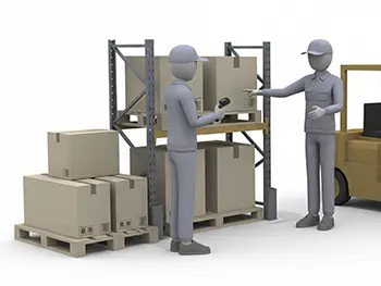 倉庫で先輩作業員から指示を受けながら、荷物のバーコードをスキャンする後輩作業員のフリーイラスト