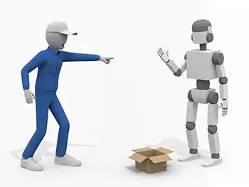 荷物を落とすミスをしたロボットを、人間の作業員が指をさして怒っているフリーイラスト