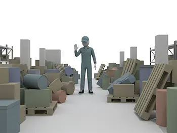 荷物が散乱して整理されていない倉庫の中で、呆然と立ちつくす作業員のフリーイラスト