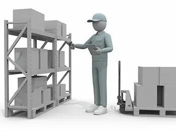 倉庫でタブレットとハンディスキャナーを使い、棚の商品の在庫を確認している作業員のフリーイラスト