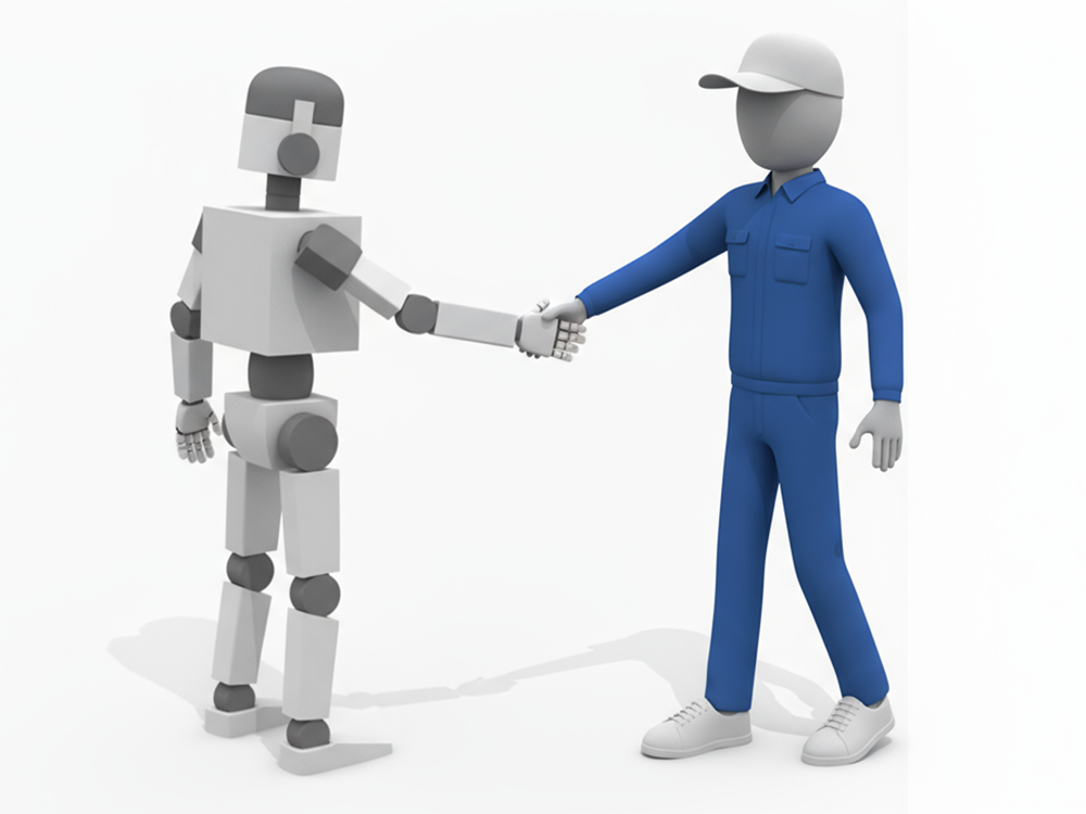 作業服の人間と産業用ロボットが協力の握手を交わしているフリーイラスト