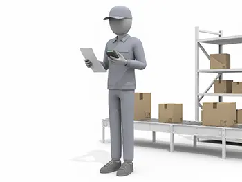 ベルトコンベアの横で、伝票とハンディターミナルを使い商品の検品をしている作業員のフリーイラスト
