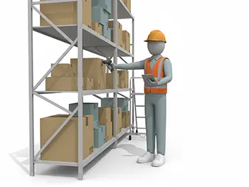 ヘルメットと安全ベストを身に着け、倉庫の棚の商品をスキャンして在庫管理する作業員のフリーイラスト