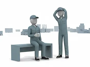 仕事の合間にベンチに座ってコーヒーを飲んだり伸びをしたりして休憩している2人の作業員のフリーイラスト