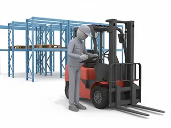 赤いフォークリフトの横に立ち、クリップボードで始業前点検のチェックをしている作業員のフリーイラスト