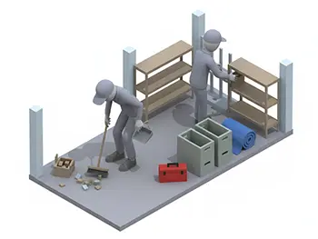 倉庫で2人の作業員が、床の掃き掃除や棚の拭き掃除をして整理整頓しているフリーイラスト