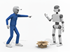 荷物を落とすミスをしたロボットを、人間の作業員が指をさして怒っているフリーイラスト