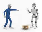 【ロボットの失敗】作業をミスしたロボットを叱る人の無料イラスト