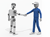 作業服の人間と産業用ロボットが協力の握手を交わしているフリーイラスト