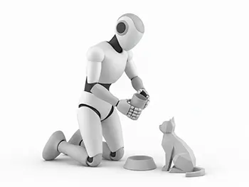 しゃがんで猫に餌をあげているペットシッターロボットのフリーイラスト