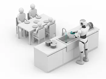 キッチンで皿洗いをしている家事代行ロボットのフリーイラスト