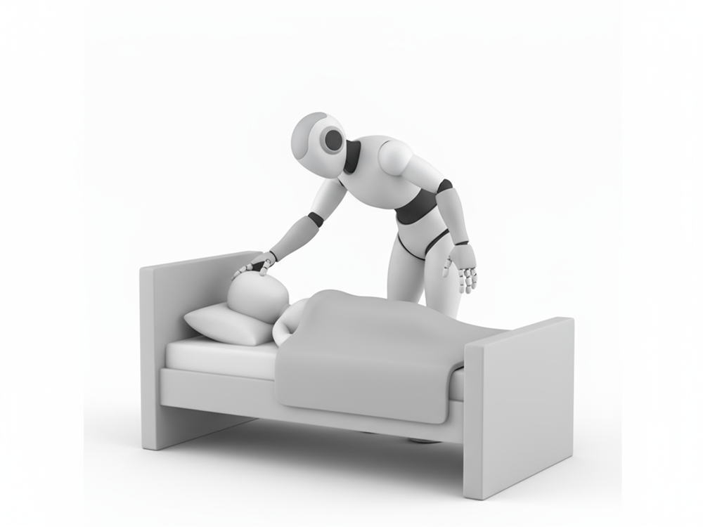 ベッドで寝ている人を看病している介護ロボットのフリーイラスト