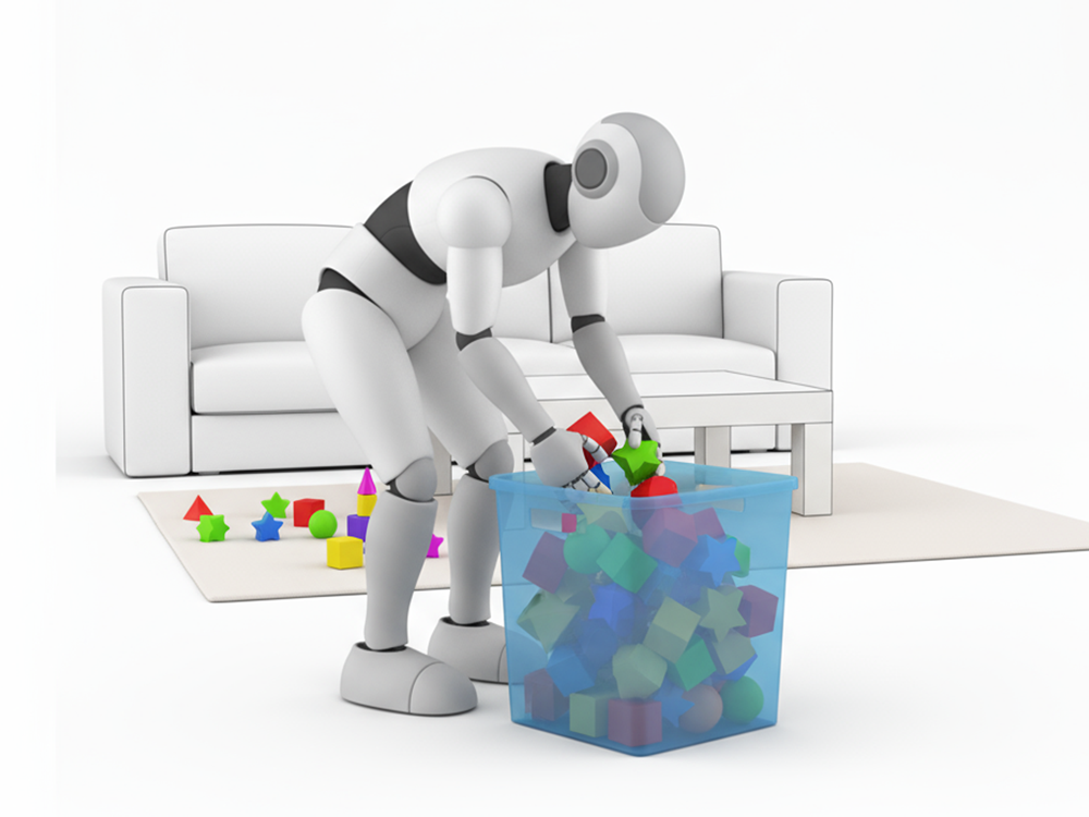 床に散らばったおもちゃをおもちゃ箱に片付けているロボットのフリーイラスト