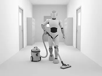 廊下で掃除機をかけている清掃ロボットのフリーイラスト