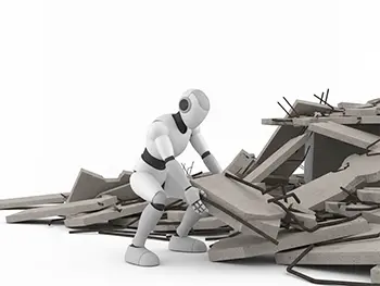 災害現場で瓦礫を撤去している救助ロボットのフリーイラスト