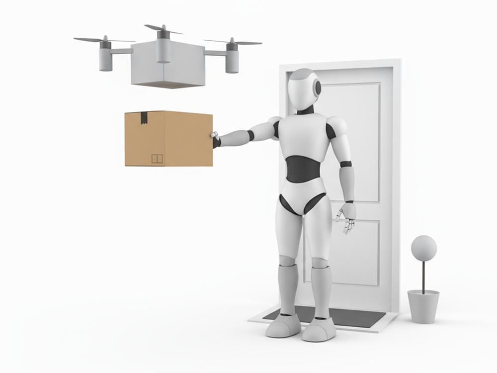 ドローンから配達された荷物を受け取っているロボットのフリーイラスト