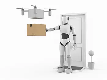 ドローンから配達された荷物を受け取っているロボットのフリーイラスト