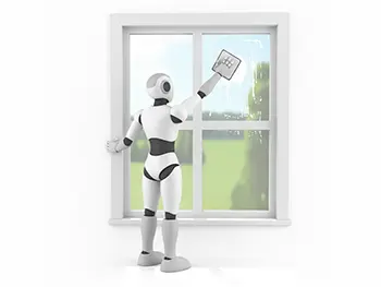 大きな窓を掃除している清掃ロボットの後ろ姿のフリーイラスト