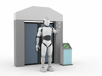 施設の入り口で手を振って挨拶している受付案内ロボットのフリーイラスト