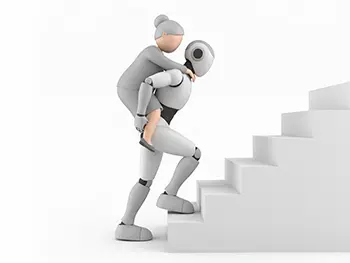 おばあさんを背負って階段を上っている介護ロボットのフリーイラスト