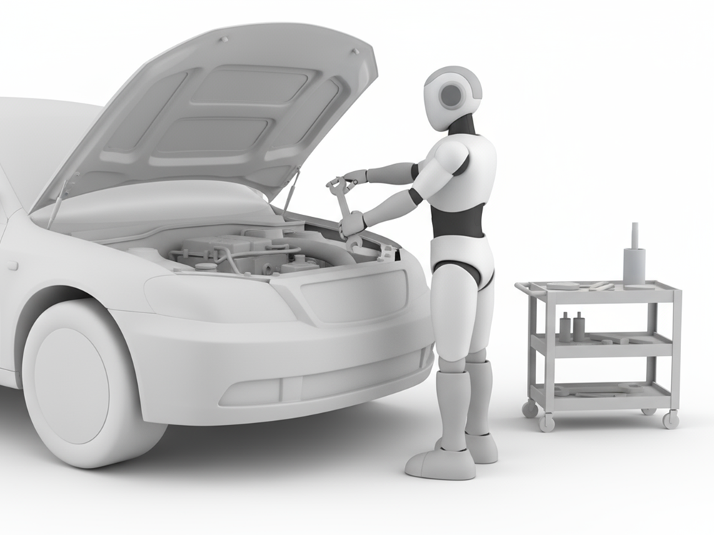 ボンネットを開けて自動車のエンジンを修理しているロボット整備士のフリーイラスト