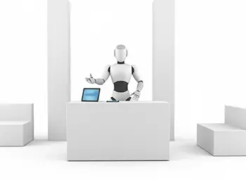 展示会の受付カウンターで握手を求めている案内ロボットのフリーイラスト