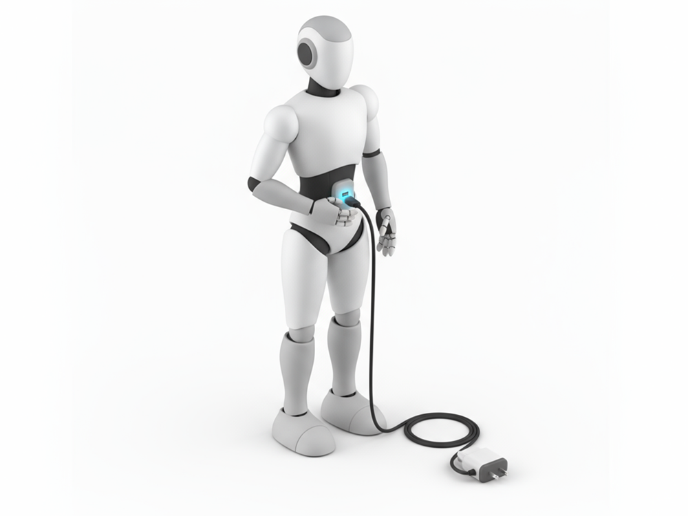 電源プラグを自分のお腹に差して充電しているロボットのフリーイラスト