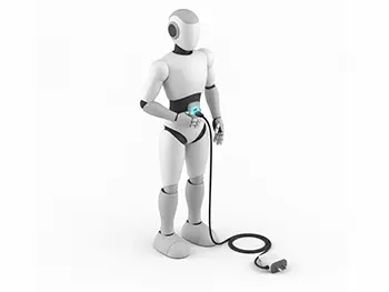 電源プラグを自分のお腹に差して充電しているロボットのフリーイラスト