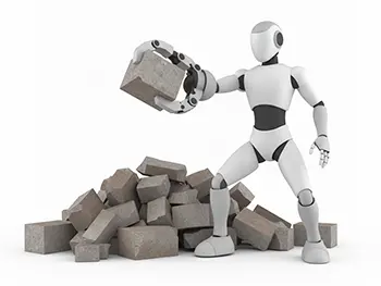 建設現場で重いレンガブロックを持ち上げている作業用ロボットのフリーイラスト