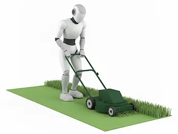 芝刈り機を使って庭の芝生を刈っているロボットのフリーイラスト
