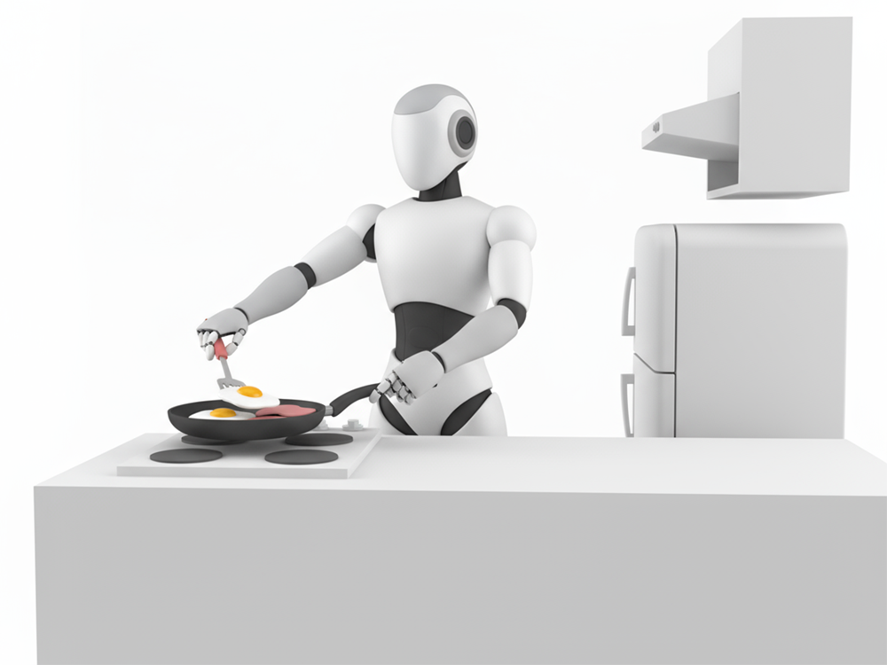 キッチンでフライパンを使ってベーコンエッグを料理しているロボットのフリーイラスト