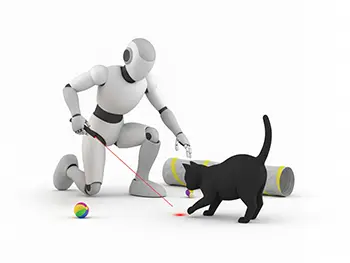 レーザーポインターを使って黒猫と遊んでいるペットシッターロボットのフリーイラスト