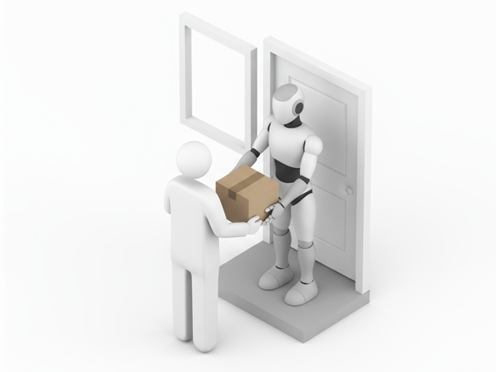 配達員から段ボールの荷物を受け取っているロボットのフリーイラスト