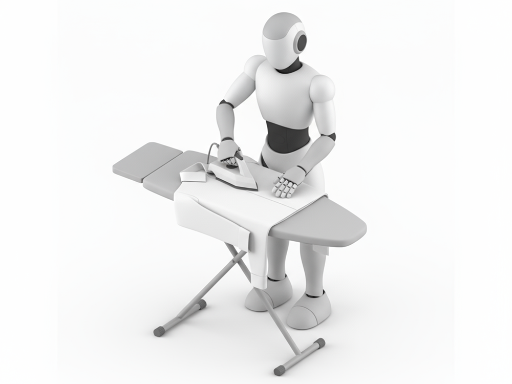 アイロン台でYシャツにアイロンをかけている家事ロボットのフリーイラスト