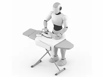 アイロン台でYシャツにアイロンをかけている家事ロボットのフリーイラスト