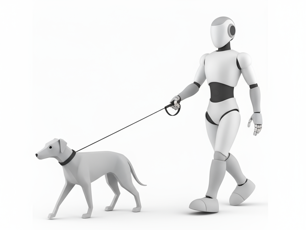犬のリードを持って一緒に散歩をしているロボットのフリーイラスト