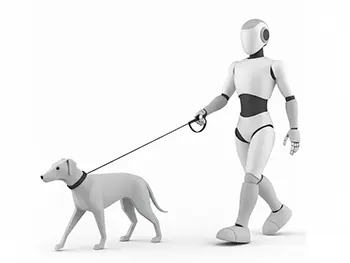 犬のリードを持って一緒に散歩をしているロボットのフリーイラスト