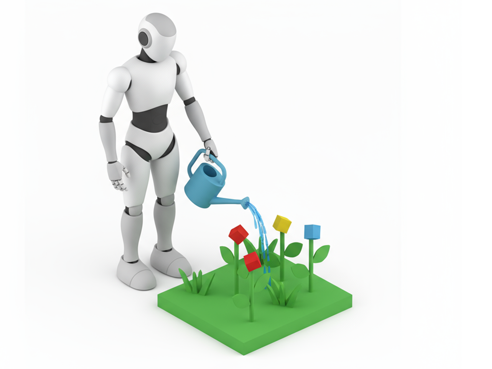 じょうろで花壇の花に水をやっているガーデニングロボットのフリーイラスト