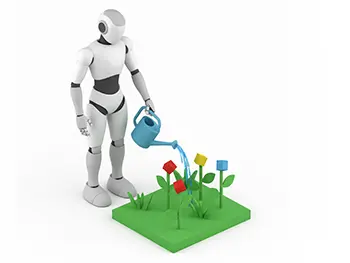 じょうろで花壇の花に水をやっているガーデニングロボットのフリーイラスト