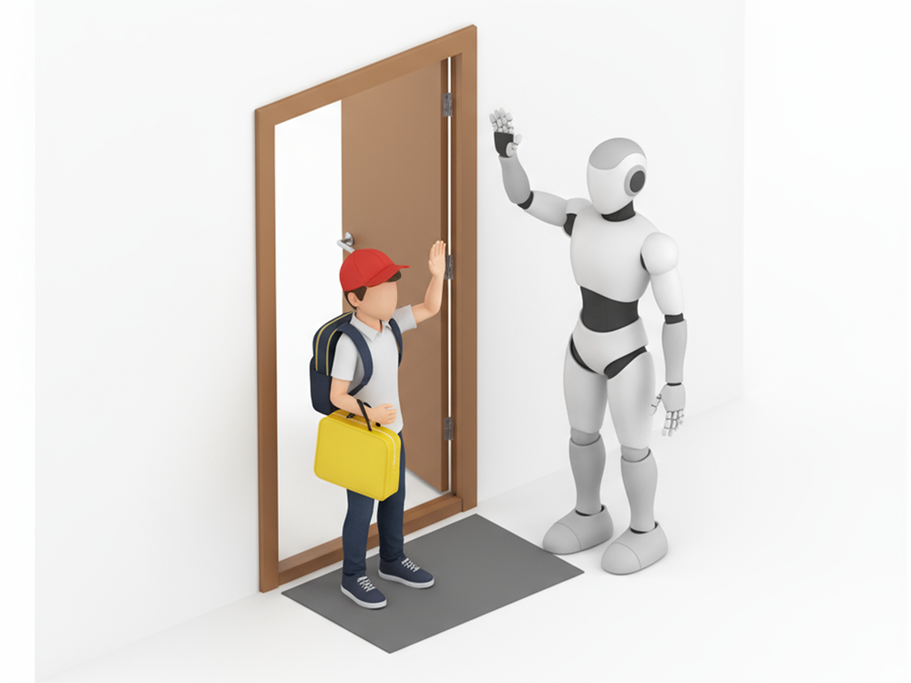玄関で学校に行く小学生の男の子に手を振って見送っているロボットのフリーイラスト