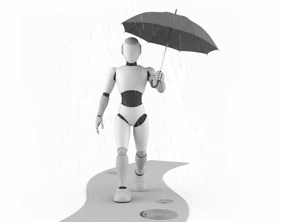 雨の中を傘をさして歩いているロボットのフリーイラスト