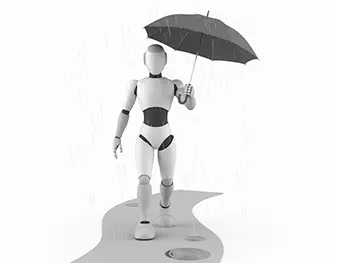 雨の中を傘をさして歩いているロボットのフリーイラスト