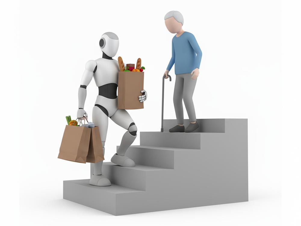 おじいさんの重い買い物袋を持って一緒に階段を上っている支援ロボットのフリーイラスト