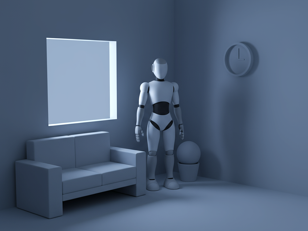 窓と時計のある薄暗い部屋で一人で立っているロボットのフリーイラスト